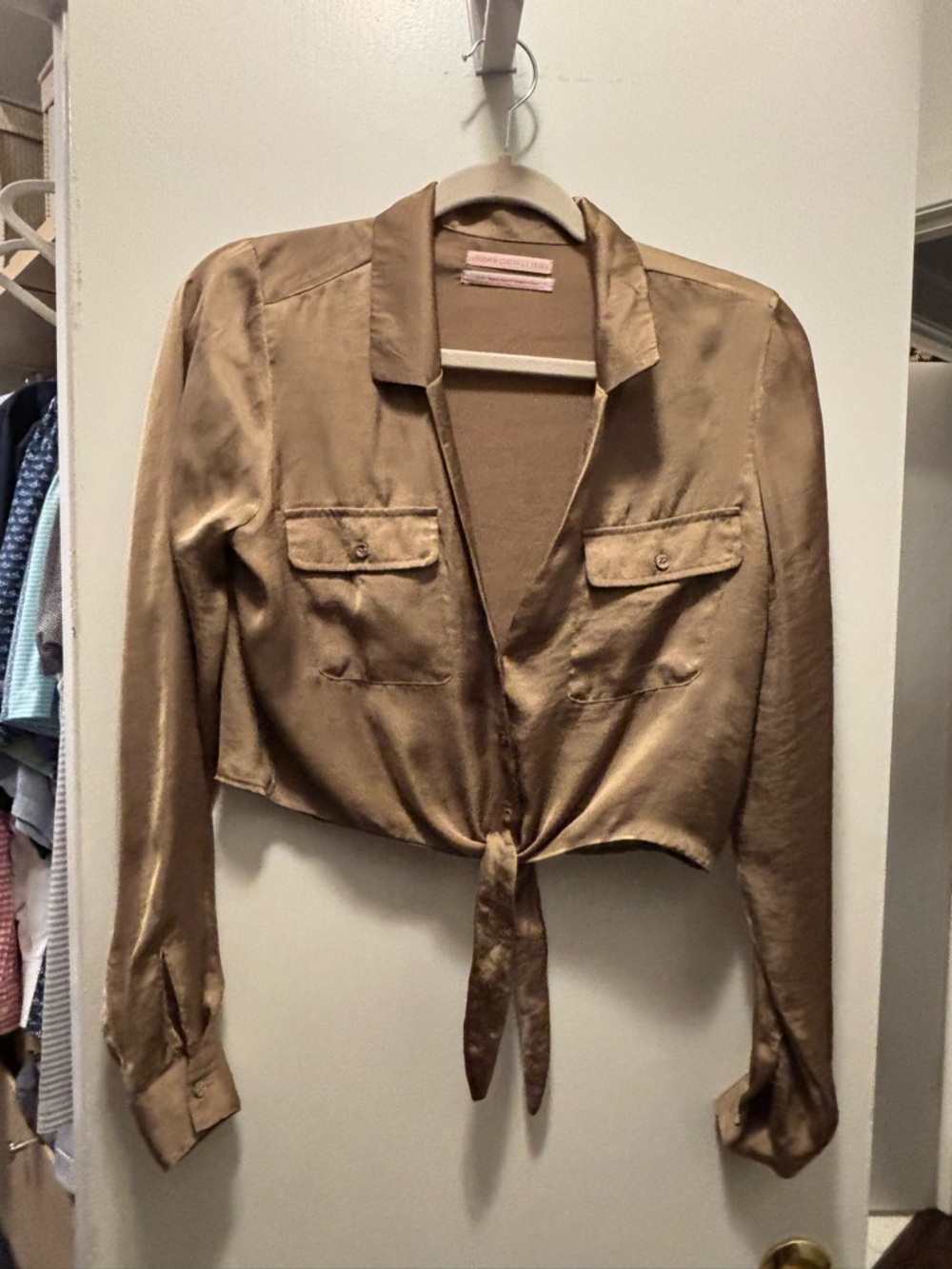 Urban Outfitters Bronze Satin Tie-Front Blouse